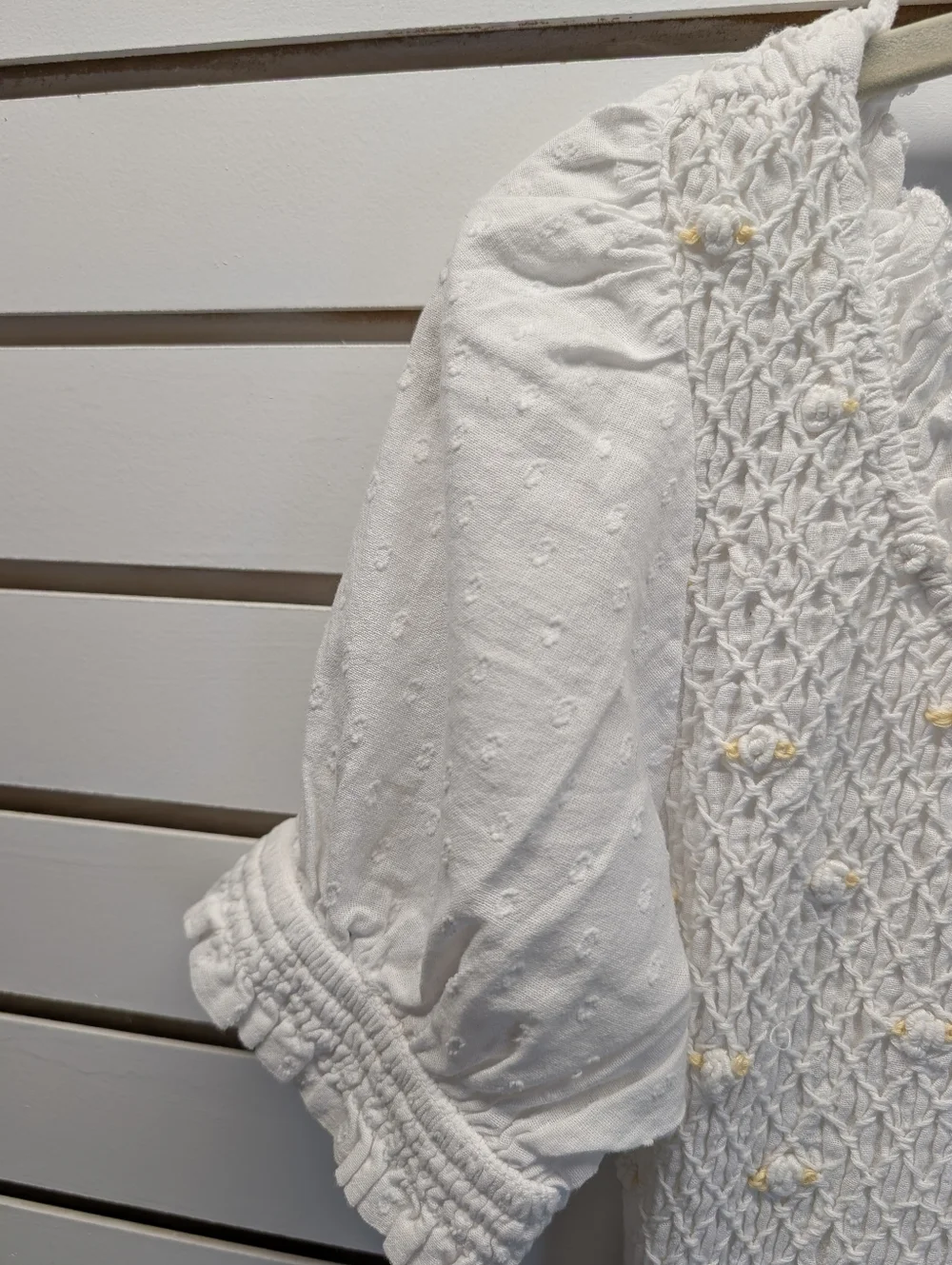 Free People Cecelia Puff Sleeve Smocked embroidered Rosette Cute Top M EUC